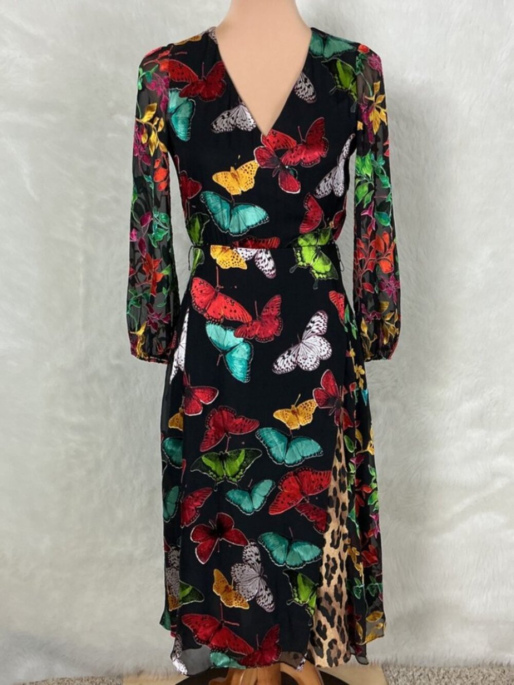 Alice + Olivia Jesse Silk Butterfly Contrast Animal Print Dress 2